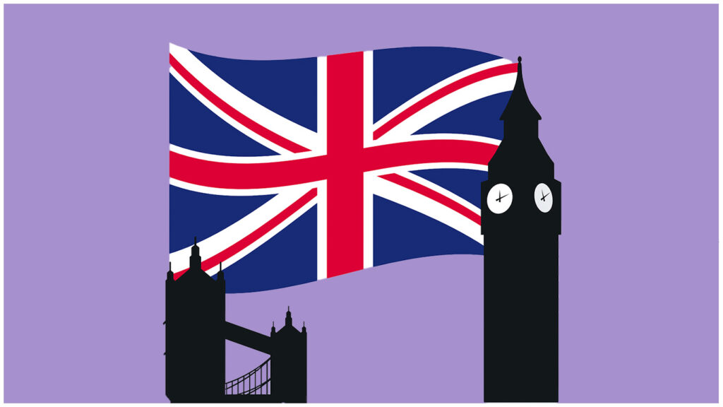 Engelska flaggan och svarta konturer av Big Ben och Tower Bridge i London. Lila bakgrund.