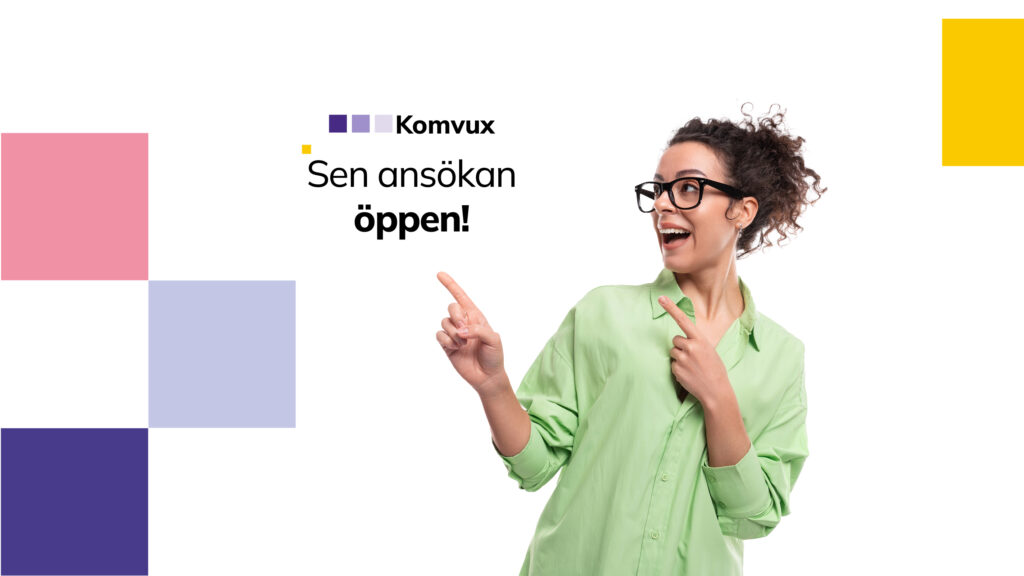 Bild. Kvinna i grön skjorta pekar åt sidan på text - sen ansökan öppen